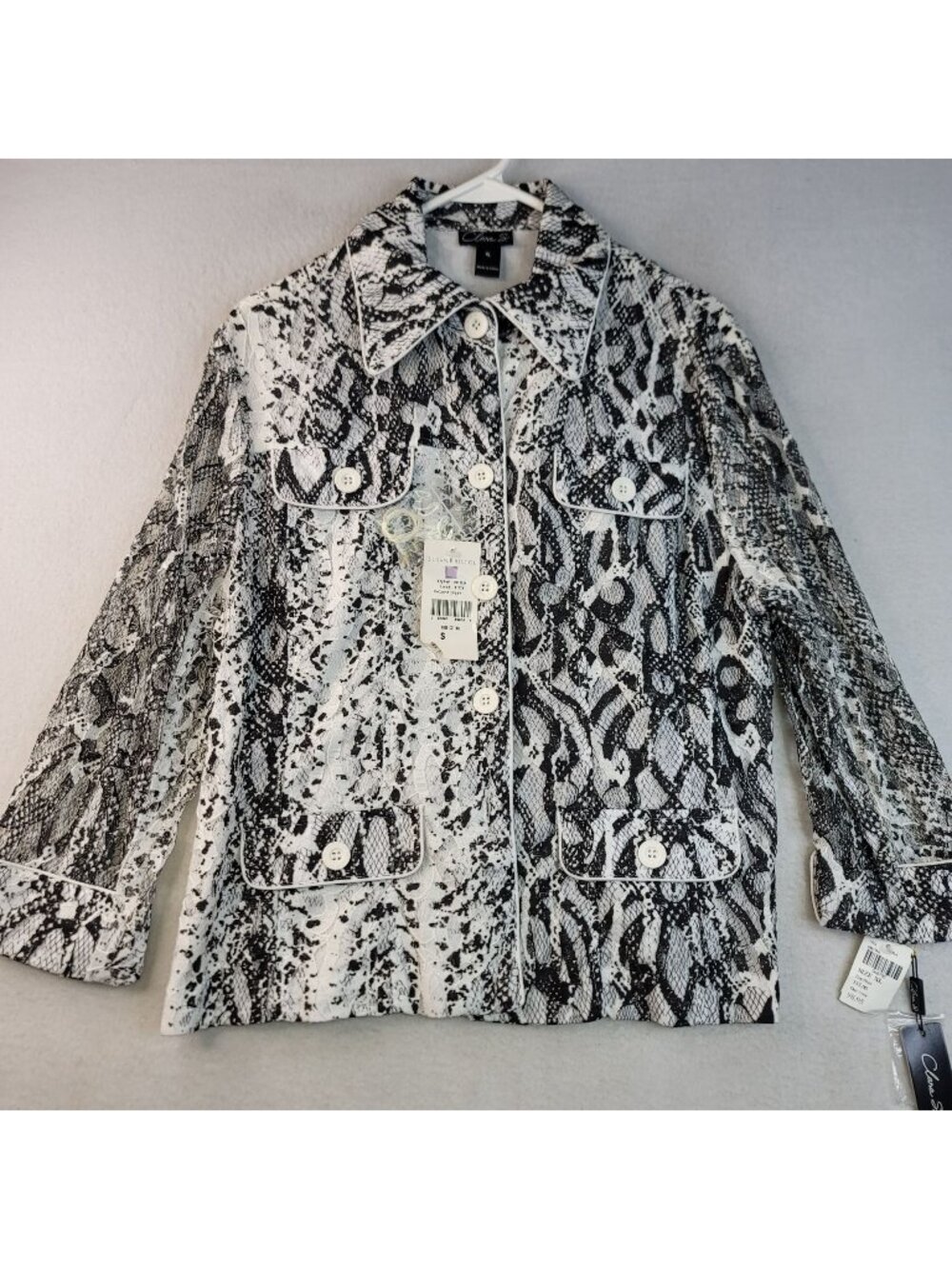 Clara S Snake Print Lace Overlay Button Jacket Sz XL Black White Artsy Mob Wife